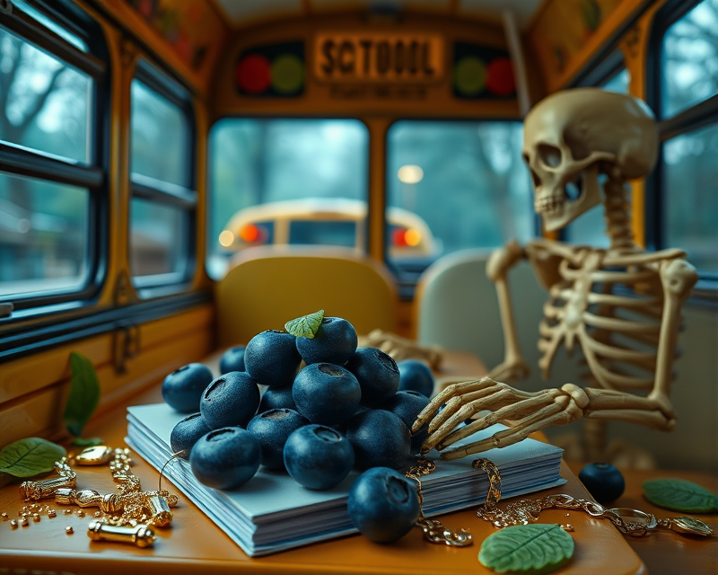 school bus, blueberry, notebook, gold, skeleton